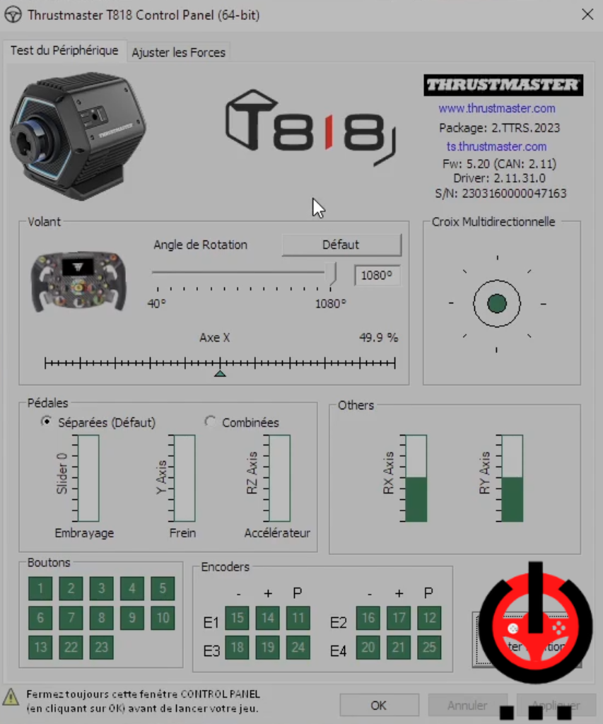 le logiciel du Thrustmaster T818 est disons... rudimentaire